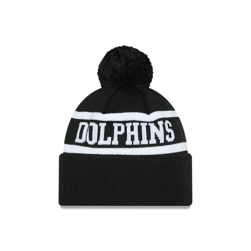 The Dolphins Beanie - 2025 NRL Black White Pom Knit - New Era